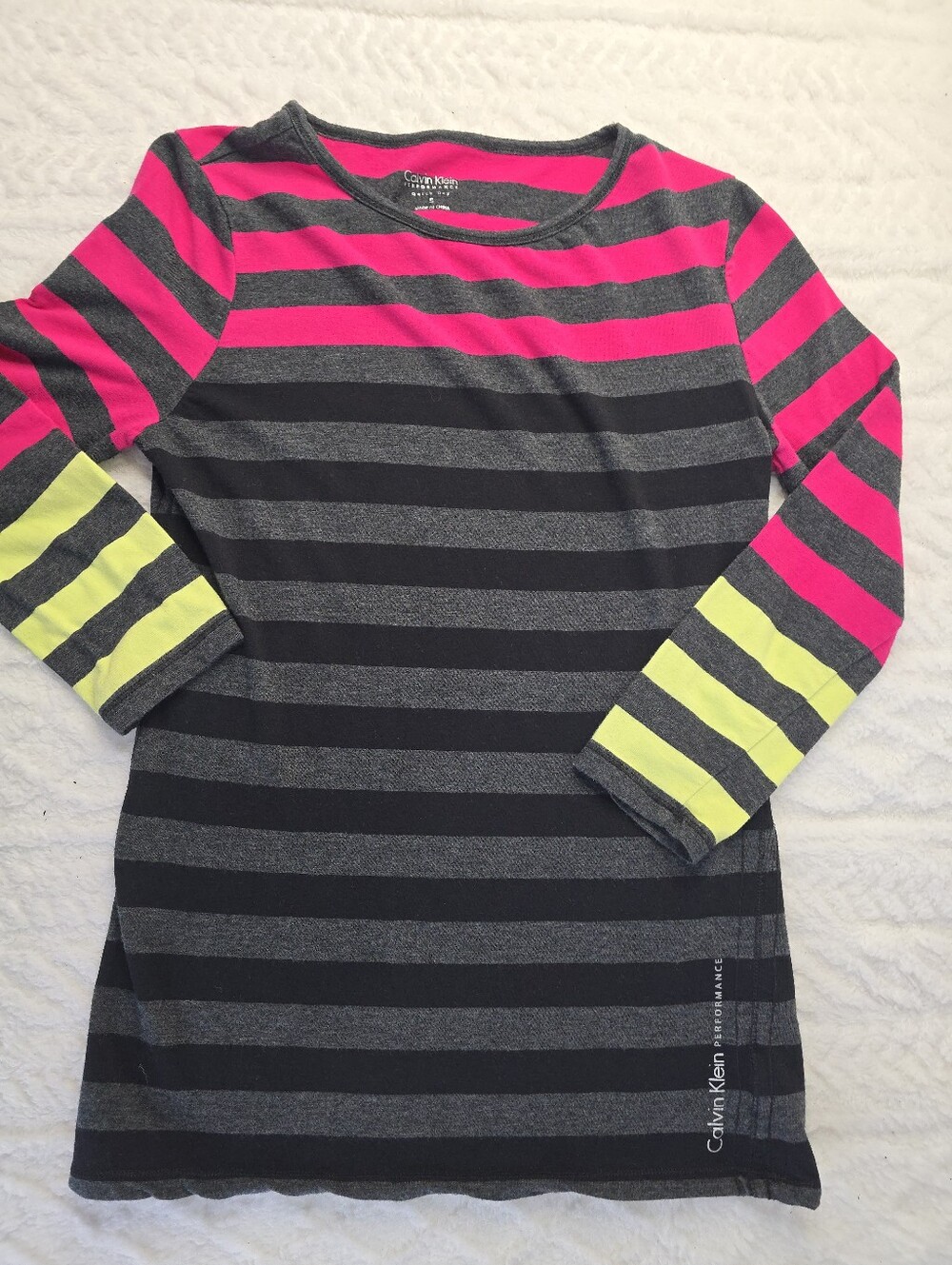 Calvin Klein Performance Top Pink Gray Stripe Colorblock 3/4 Sleeve Activewear S